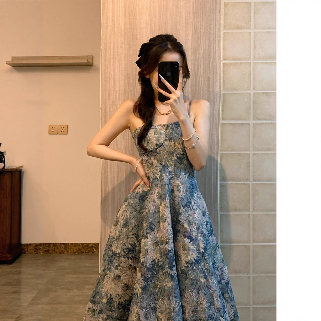 [Hàng có sẵn] Đầm nữ chất lượng cao Váy treo hoa cổ điển kiểu Pháp dành cho nữ Xuân hè thu đông eo mới Skinny và ngọt ngào