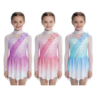 Yhong Trẻ Em Bé Gái Hình Trượt Băng Trình Diễn Trang Phục Mock Cổ Cutout Lưng Sheer Lưới Chắp Vá Tay Dài 3D Hoa Kim Cương Giả Màu Gradient Đầm Khiêu Vũ