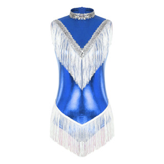 Yhong Nữ Kim Loại Không Tay Viền Body Sáng Bóng Kim Sa Lấp Lánh Mock Cổ Tua Rua Leotard Cho Biểu Diễn Khiêu Vũ Latin