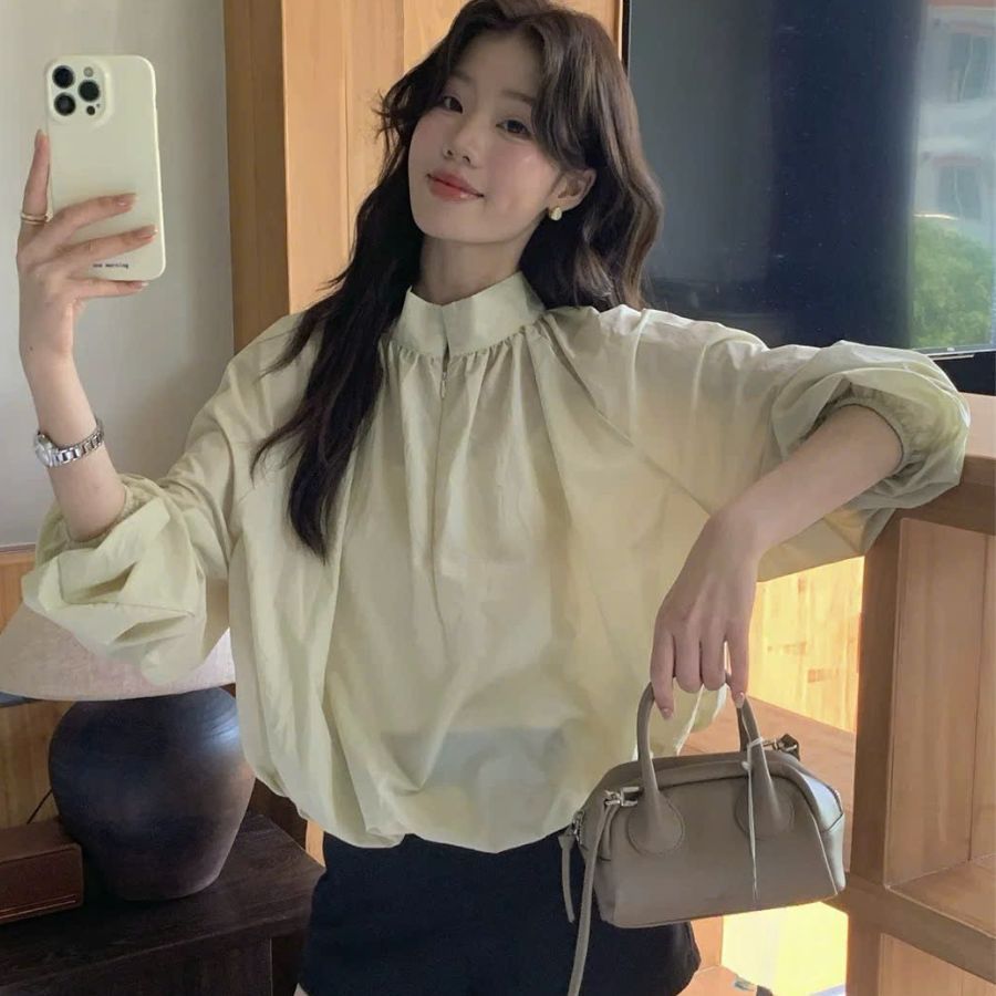 Áo Sơ Mi Cổ Đứng Dài Tay Chất Liệu Gió Nhăn Linh Tây Clothing  Áo Dài Tay Kiểu Dáng Bồng Kéo Khoá Mềm Mịn