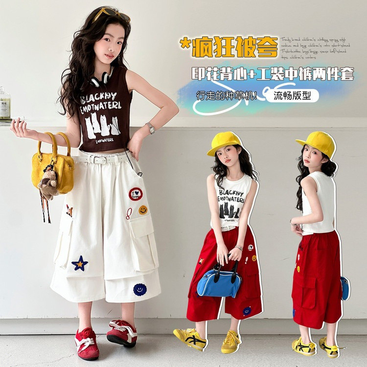 Bé Gái Retro Ngôi Sao Thêu Cotton Crop Quần Mùa Hè 2026 Phong Cách Mới Trẻ Em Nhiều Túi Giữa Quần