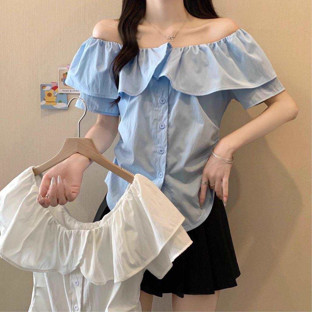 Áo sơ mi ngắn tay cổ chữ V kiểu Pháp, thiết kế nữ tính, phù hợp mùa hè