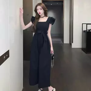 Mùa hè Phiên bản Hàn Quốc Cổ vuông Ôm hơn Áo liền quần tay bay xù Bộ áo liền quần cạp cao thời trang Quần ống rộng nữ