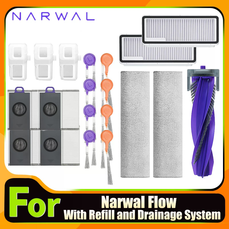 Phụ kiện cho dòng chảy Narwal với hệ thống nạp lại và thoát nước Bàn chải bên chính Vải lau nhà Bộ lọc HEPA Túi bụi Phụ tùng