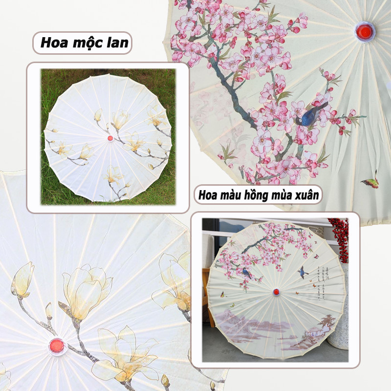 Ô lụa cổ điển, có in họa tiết phong cảnh, đường kính 82 cm, có thể dùng để chụp ảnh Cosplay, đám cưới, du lịch