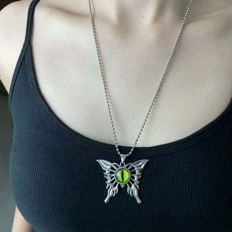 Vòng cổ mặt dây chuyền gothic mắt quỷ và bướm, làm từ thép không gỉ