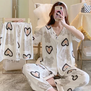Bộ Đồ Ngủ Ngắn Tay Mùa Hè Bộ Ba Mảnh Nữ Mùa Xuân Rời Sữa Lụa Cạnh Cô Gái Dễ Thương Trái Tim Loungewear