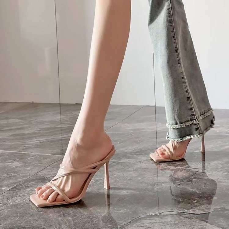 Mùa Hè Mũi Vuông Thời Trang Mở Ngón Chân Giày Cao Gót PU Nữ Chống Trơn Trượt Chống Mài Mòn Cổ Tích Phong Cách Cao Gót Dép