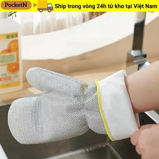 Găng tay làm sạch công việc nhà POCKETN, Găng tay rửa chén làm sạch gia dụng dày dặn, Bát kéo dài Chải dây thép chống thấm nước Găng tay bóng