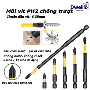 Bộ 6/12 mũi tua vít nam châm PH2 chống trượt, thép S2 cao cấp, dài 25-150mm, chịu va đập tốt, bắn tôn