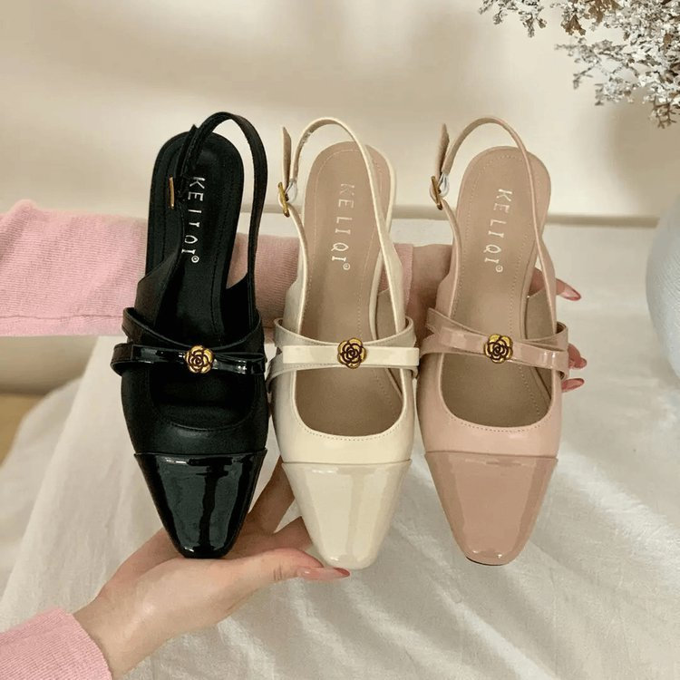 Mùa Xuân Phong Cách Mới Pháp Camellia Vuông Ngón Chân Nông Miệng Mary Jane Giày PU Thời Trang Mặc Ngoài Trời Một Dòng Khóa Dây Giày Nhà Máy Giá Bán Buôn