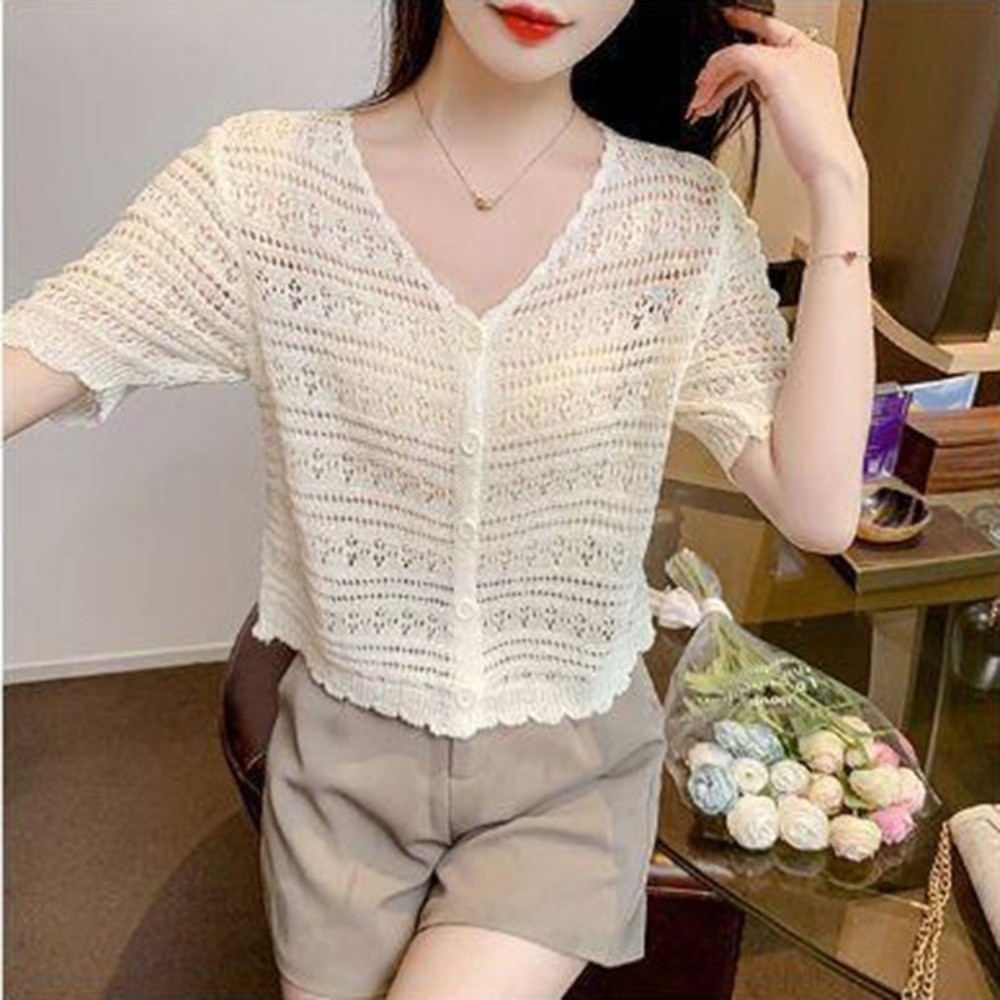 Áo len dệt kim HOBBYIN cổ chữ V, ngắn tay, chống nắng - Áo khoác ngoài dành cho nữ