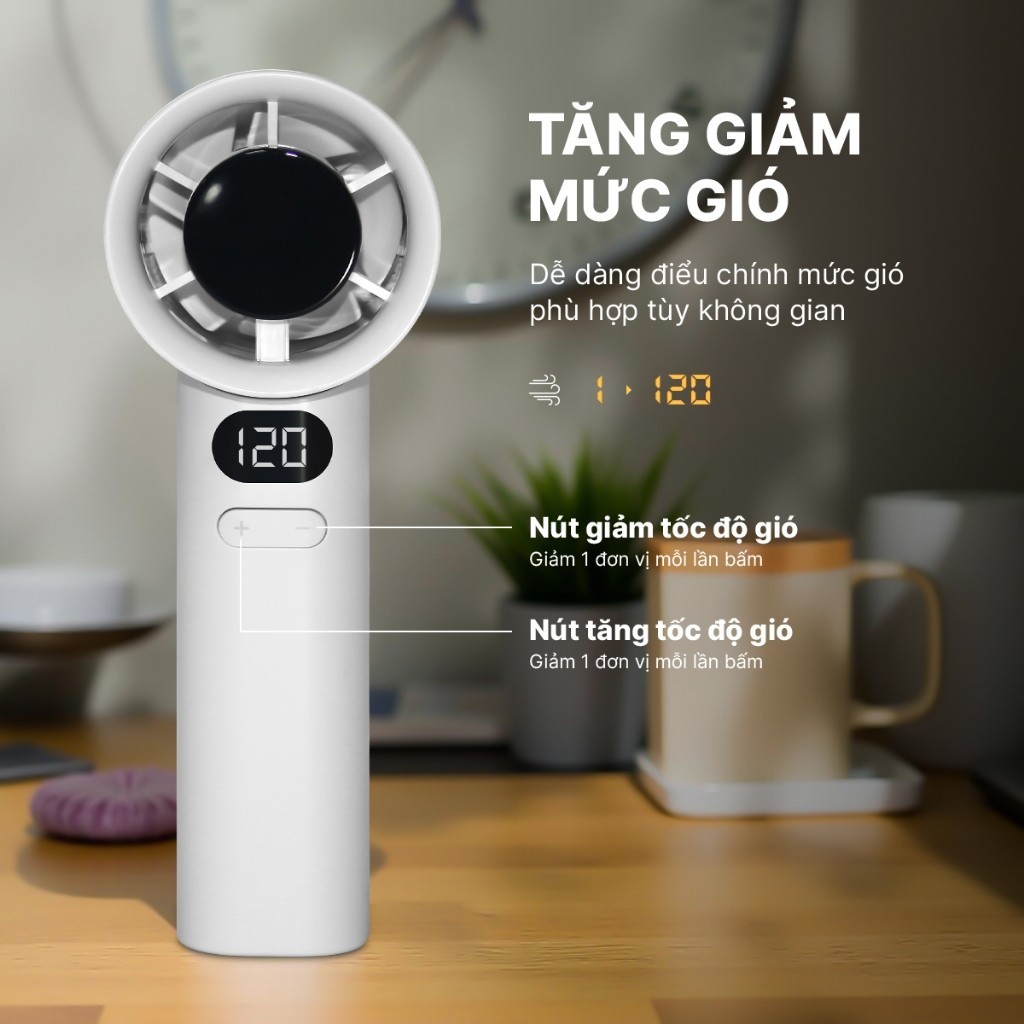 Quạt cầm tay mini M11 siêu mát, quạt tích điện tiện lợi, màn hình LED 120 cấp độ gió, pin 1800mAh