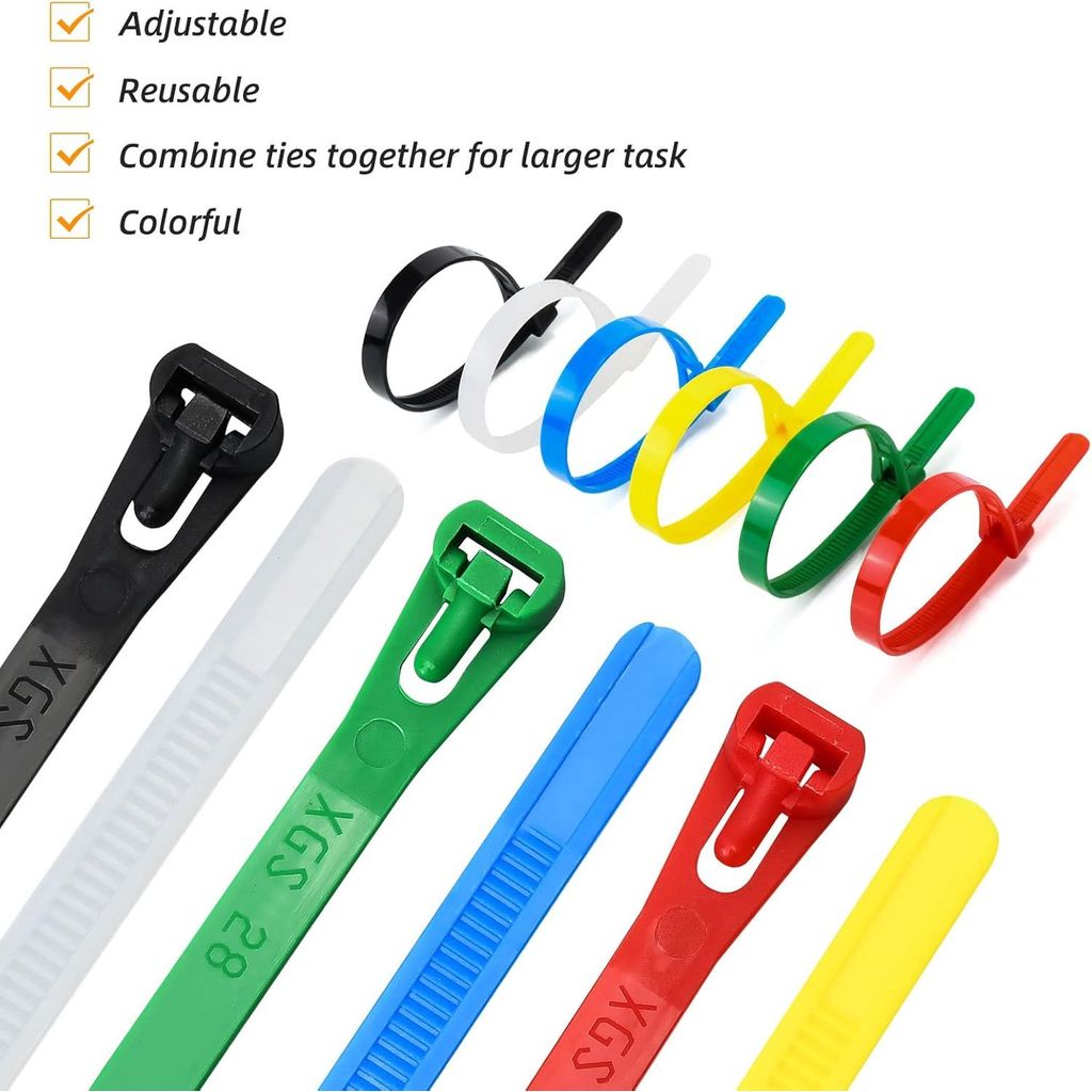 [ Bộ 100 Dây Mix Màu ] Dây Rút Có Thể Tháo Mở Tái Sử Dụng, Dây Buộc Cáp Bằng Nhựa PVC Có Khóa Chỉnh