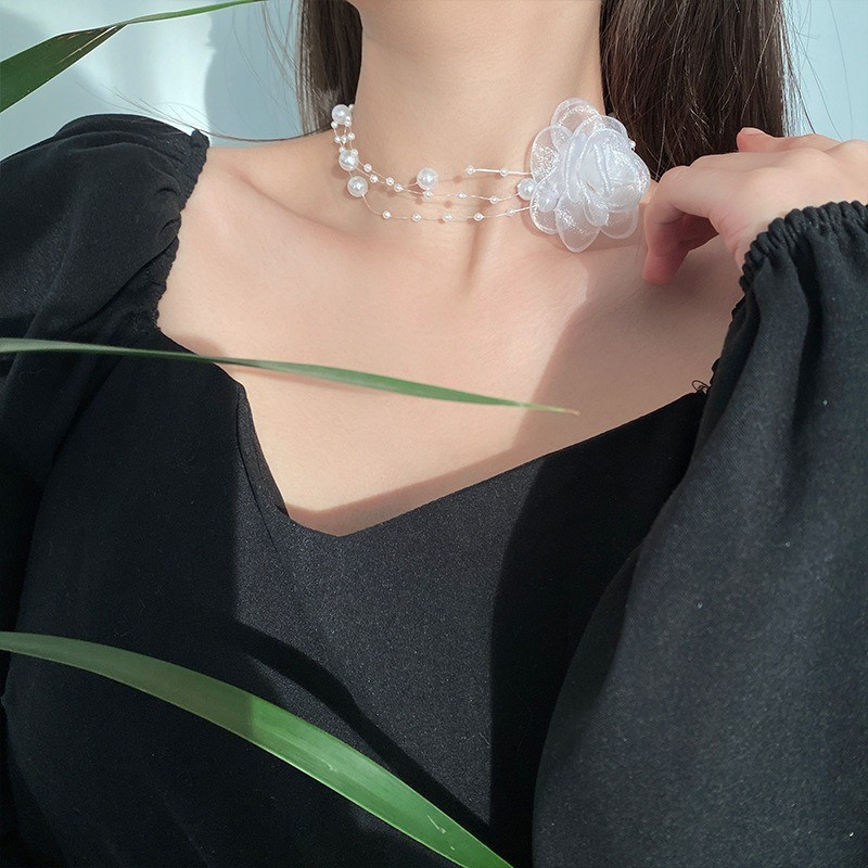 Ngọt Ngào Nhiều Lớp Lưới Camellia Vòng Cổ Ngọc Trai Thời Trang Đính Hạt Xương Đòn Dây Chuyền Cho Bé Gái
