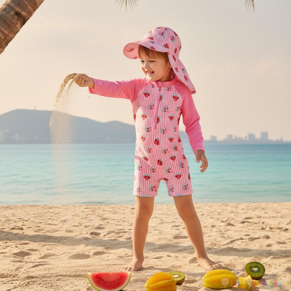 LBH-Baby Bee / Dưa Hấu / Thuyền buồm In Sọc Zip Up Áo Bơi Tay Dài Có Mũ Bộ 2 Chiếc