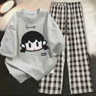 bộ  nữ quần dài kẻ caro đen ống rộng + mix áo phông form rộng tay lỡ  -BÉ XU KA -thubaquanaao
