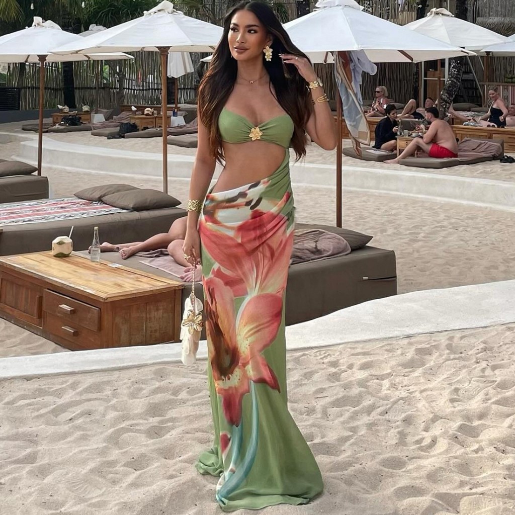 Cutenew Flora In Backless Đầm ôm Dây Đeo Kim Loại Đính Ren Không Đều Eo Đi Biển Kỳ Nghỉ Gợi Cảm Slim Bodycon