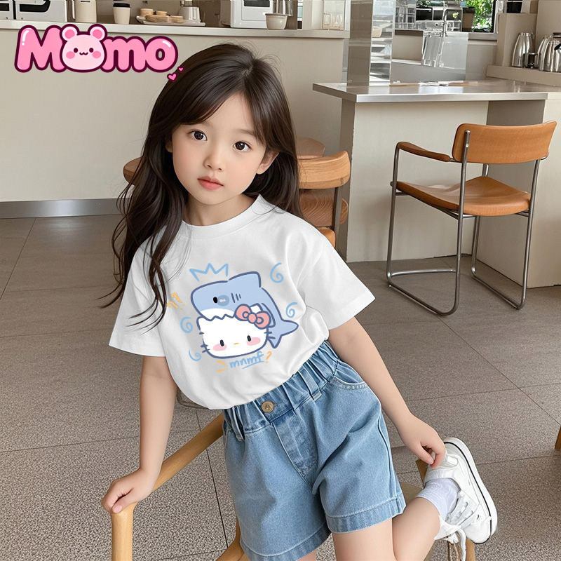 Áo trẻ em cổ tròn tay ngắn Hello Kitty Shark Crown in hình Hello Kitty dành cho bé trai và bé gái