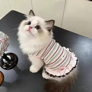 【Ready Stock】 Bow for Cats and Dogs Fresh Girl Sense Spring and Autumn Clothing Thin Ins Style Pet Striped Top Double-Layer Skirt nFit