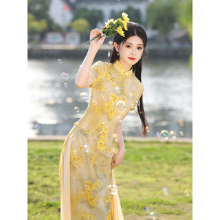 Áo dài sườn xám màu vàng, phong cách mùa hè mới, trẻ trung và thanh lịch, cao cấp và cải tiến