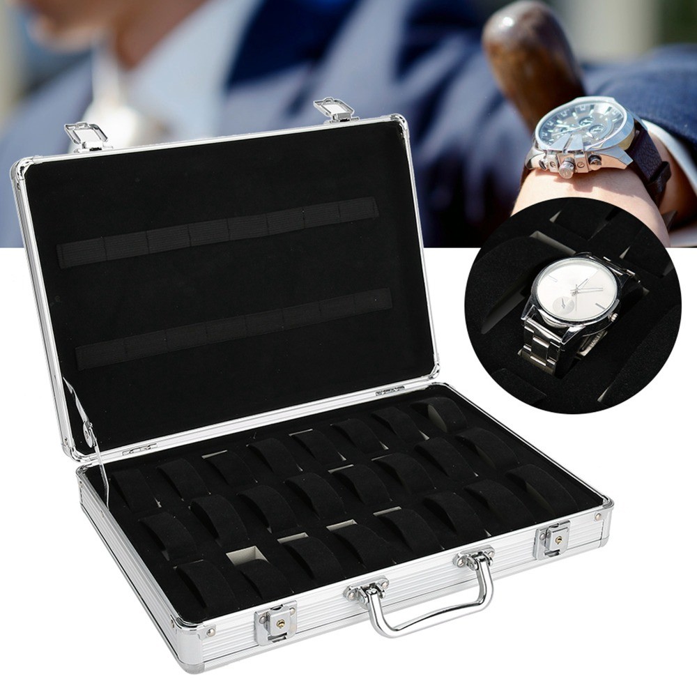 Hộp đồng hồ HOBBYIN, Lưu trữ nhôm bạc, Màn hình đồng hồ hộp nhôm chắc chắn cầm tay 24 khe tiện lợi