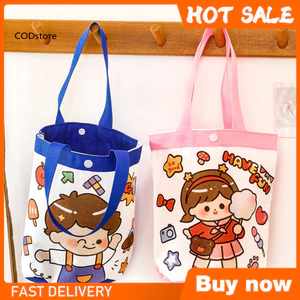 KDCOD * Túi đi học bằng vải canvas cho trẻ em Túi tote hoạt hình trẻ em Túi tote vải hoạt hình dễ thương Họa tiết bé trai Túi mua sắm dã ngoại đi học có thể tái sử dụng với màu xanh hồng cho trẻ em