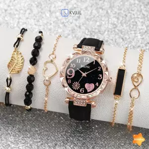 6 cái / bộ Đồng hồ nữ Đồng hồ thạch anh hoa thông thường bằng da PU Đồng hồ đeo tay Bộ vòng tay Trang sức Quà tặng cho nữ Cô gái mới