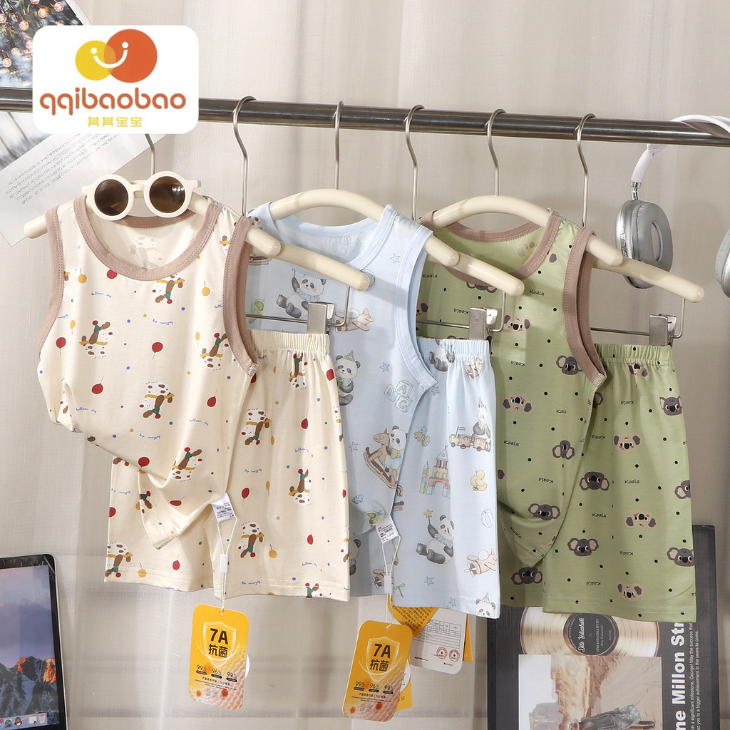 Mùa Hè Mỏng Hoạt Hình Thoáng Khí Hai Mảnh Phù Hợp Với Bé Trai Áo Vest Quần Short Homewear Suit 80-160 Size LECP