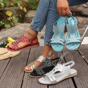 2026 Giày Đế Bằng Nữ Bohemian Phong Cách Dân Tộc Hoa Kim Cương Giả Thoải Mái Tất Cả Trận Đấu Mở Mũi Nữ Giày Sandal F3AA