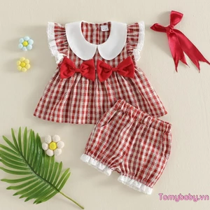Trang phục mùa hè cho bé gái Nơ kẻ sọc Xù Viền cổ búp bê Áo không tay + Quần short Bộ 2 chiếc