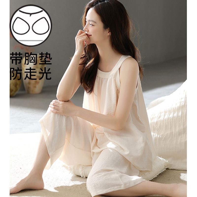 Bộ Đồ Ngủ Có Miếng Lót Ngực Mùa Hè Nữ Camisole Crop Quần Phù Hợp Với Không Tay Có Thể Mặc Bên Ngoài Nhà Quần Áo Thời Trang Đơn Giản