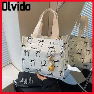 Túi đựng đồ ăn trưa OLVIDO, Túi Tote in nơ dung tích lớn, Túi xách có dây kéo di động bằng vải nhiều túi