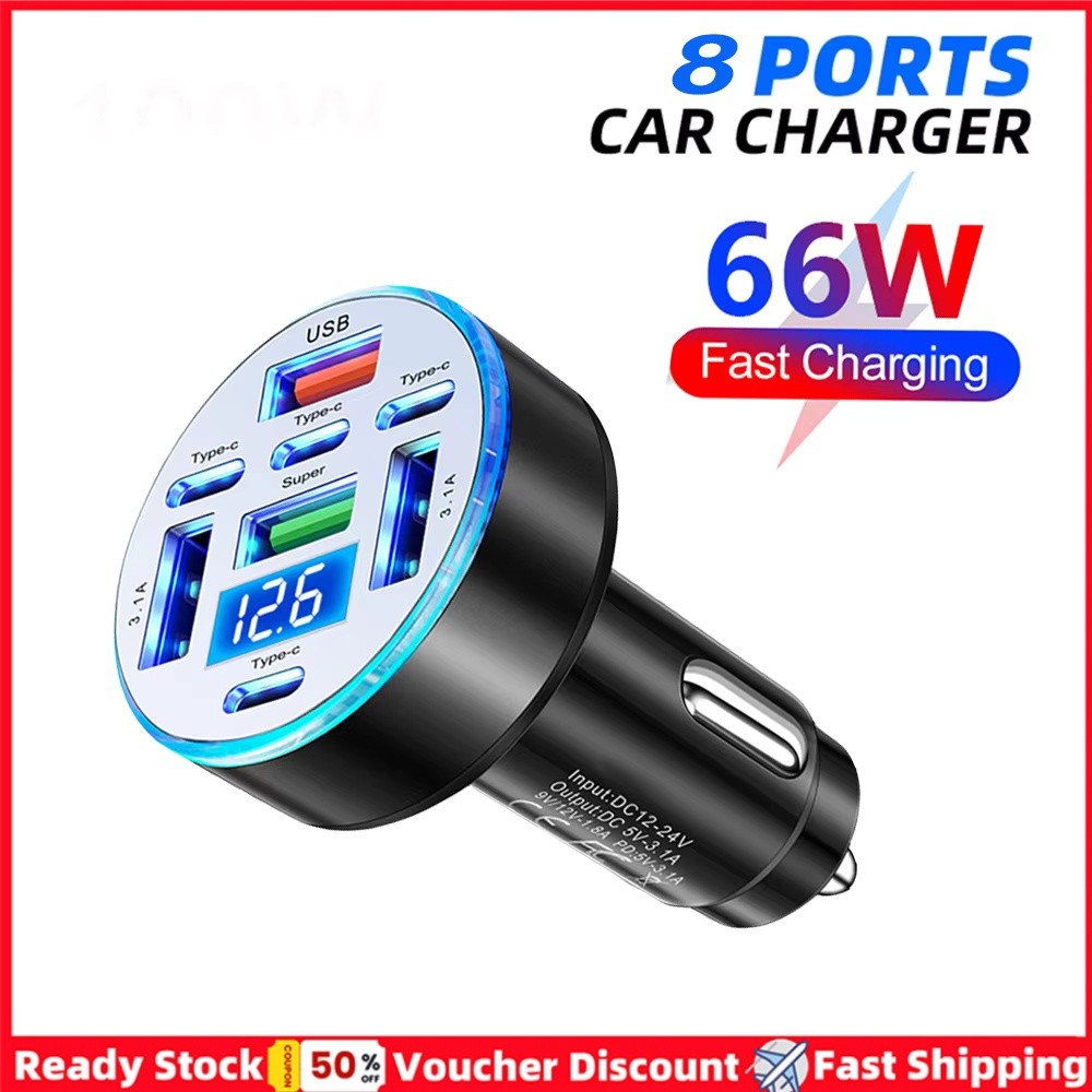 Ổ cắm sạc ô tô 8 trong 1 Bộ chuyển đổi nguồn sạc nhanh PD / QC / SCP Bộ sạc nhẹ thuốc lá ô tô với đèn LED Vôn kế kỹ thuật số