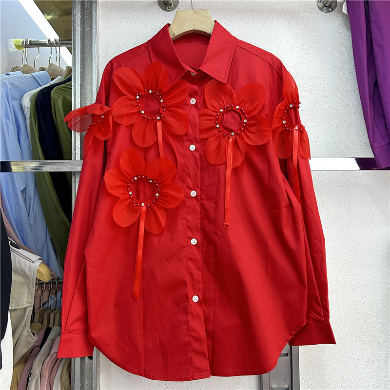 Trạm Châu Âu Công Nghiệp Nặng Đính Hạt Ba Chiều Hoa Trang Trí Retro Áo Sơ Mi Một Lông Nữ Rời Phù Hợp Dài