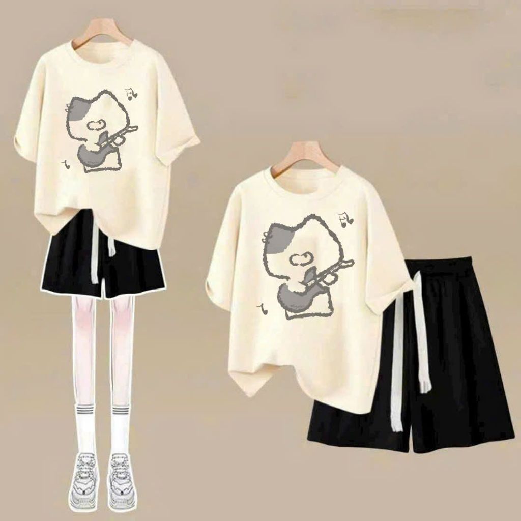 sét bộ quần đùi cộc dây to trơn+mix áo phông form rộng in hình mèo đánh đàn-SHOP THỜI TRANG THU BIO