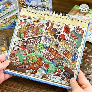 ENWEI 33 Cái [Dòng siêu thị nhỏ] Bộ sưu tập nhãn dán phong cảnh chống nước 3D Sách Dodo Siêu thị Cửa hàng ăn sáng Phong cách hoạt hình để sổ lưu niệm Trang trí kế hoạch nhật ký