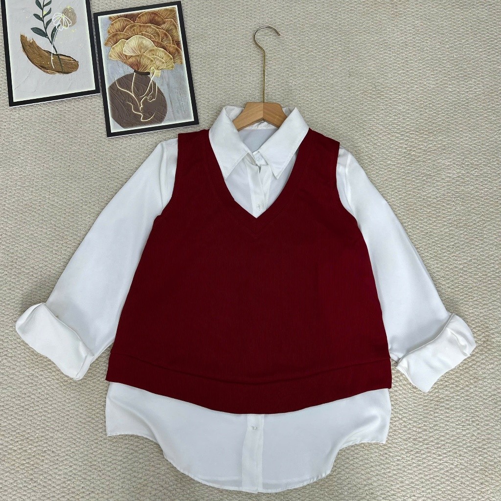 Set Bigsize Nữ Che Bụng Tôn Dáng – Sơ Mi Tay Dài Phối Gile Xinh Xắn Dễ Thương SM20+A335