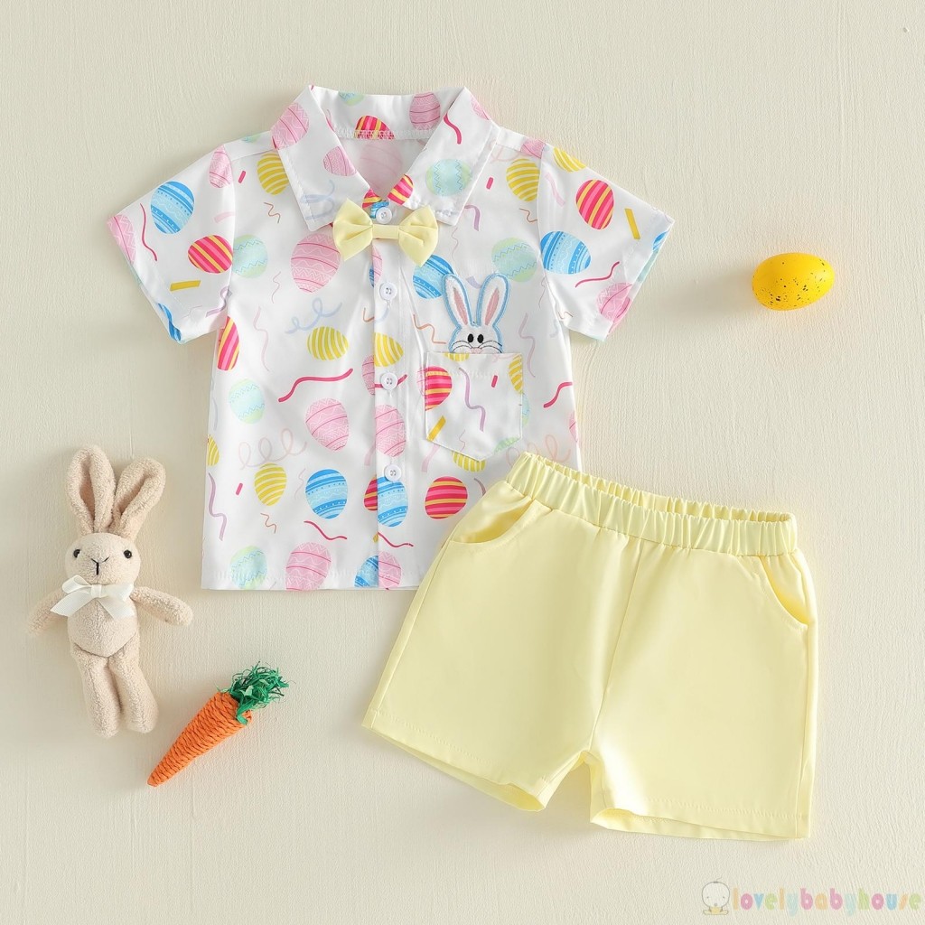 LBH-Toddler Bé Trai Trứng Phục Sinh Họa Tiết Thỏ Nút Xuống Áo Sơ Mi Tay Ngắn Có Quần Short Bộ 2 Chiếc