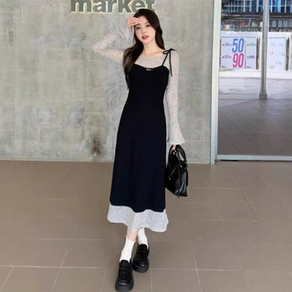 Đầm Dài Tay Dệt Kim Giả Hai Mảnh Kích Cỡ Lớn Đầm Màu Sắc Khối Cho Phụ Nữ Đầm Giảm Cân Mùa Thu