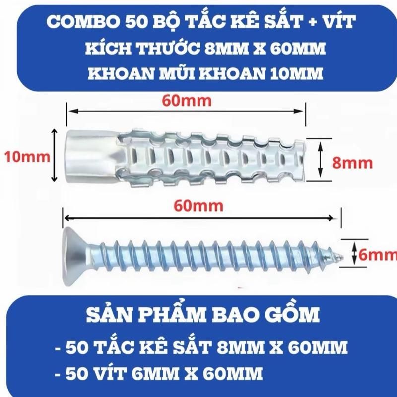 Combo 50 Tắc Kê Sắt+ 50 Vít Chịu Lực  Bằng Kim Loại Chịu Lực Cao, Tạo Sự Vững Chắc Khi Treo