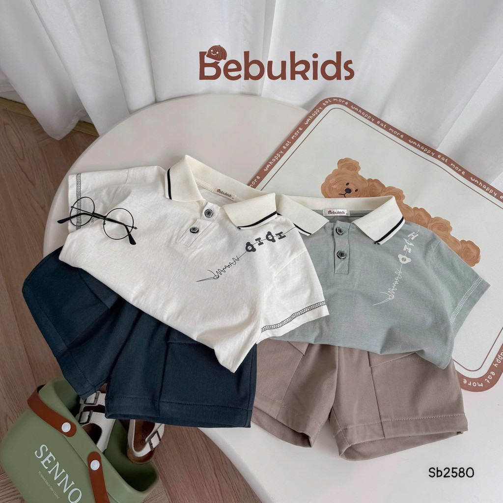 Set polo cổ dệt phối tay viền nổi Bebukids chất liệu cotton phối quần kaki  co giãn cho bé 8-21kg