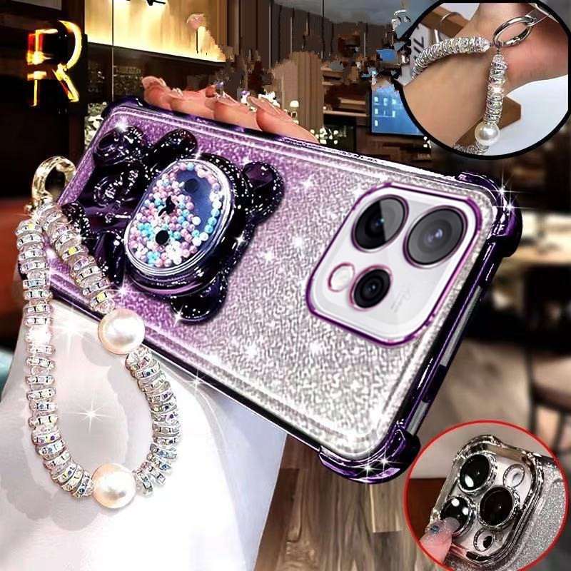 Ốp điện thoại di động cho OPPO Reno15 Pro F Reno 15 15Pro 15F Ốp điện thoại Giá đỡ gấu + Dây chuyền giáp ốp lưng bảo vệ chống sốc