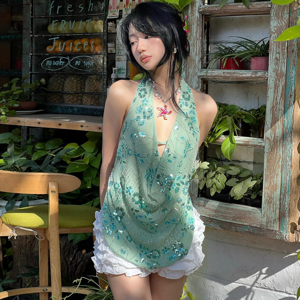 Vest nữ sequin xu hướng, dây chắp vá gợi cảm, phù hợp cho kỳ nghỉ và tiệc tùng
