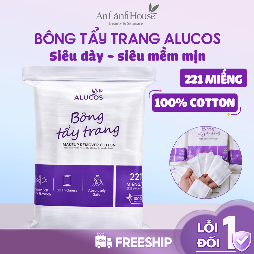 Bông Tẩy Trang Alucos 222 Miếng Siêu Xịn, Mềm Mịn, Bông Tẩy Trang Cotton 100% Ép Viền Dịu Nhẹ Cho Da An Lành