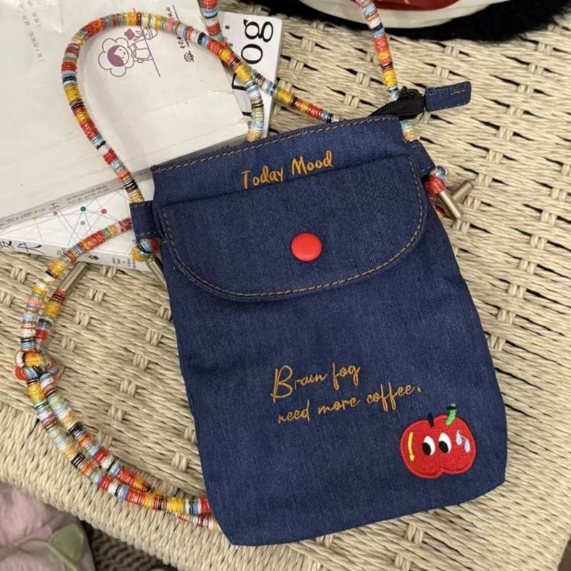Túi đeo chéo vải jean mini thời trang, họa tiết thêu hình quả táo tinh xảo, Túi đeo vai di động, đi dạo phố, du lịch