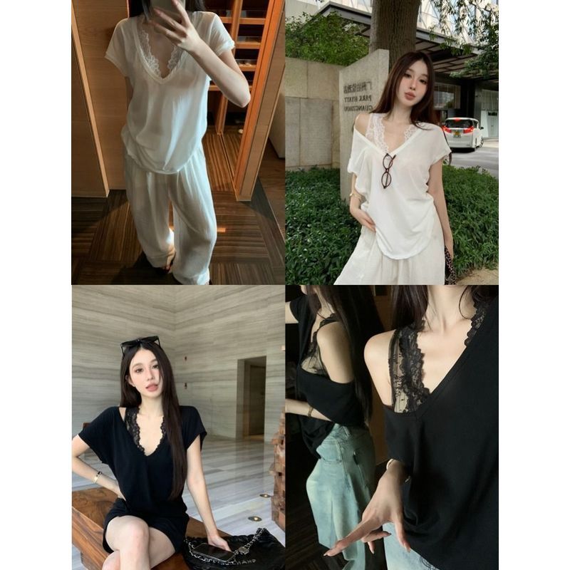 Áo Thun Nữ Mỏng Nhẹ Phong Cách Hàn Quốc, Cổ Chữ V Ngắn Tay, Ren Bên Trong, Phù Hợp Mùa Hè