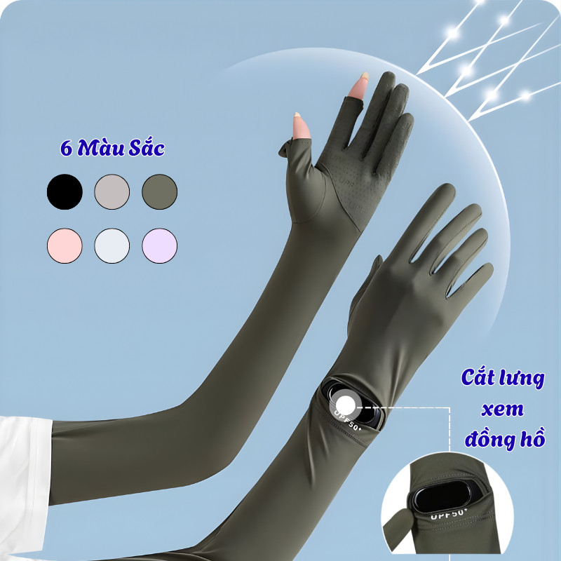 Găng Tay Chống Nắng Dáng Dài Lụa Băng Thoáng Mát UPF50 Chống Tia UV, Xem Đồng Hồ Tiện Dụng Thích Hợp Mọi Hoạt Động Hè
