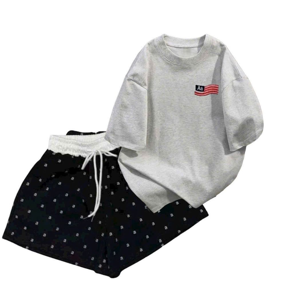 sét bộ đồ nữ quần đùi cộc cạp trắng chữ A + mix áo phông hình -lá cờ mỹ AA  in n g ực-chang3158