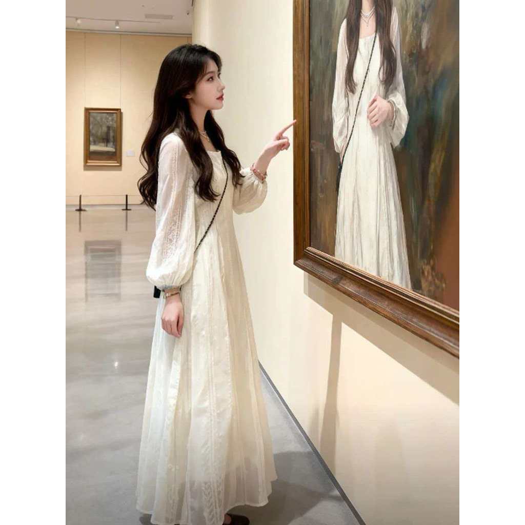 Mùa Xuân Pháp Đầm Cổ Đẹp, Thiết Kế Thoáng Khí Hình Vuông, Phong Cách Thời Thượng